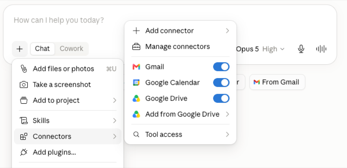 Меню коннекторов: подключение Gmail, Google Calendar, Google Drive