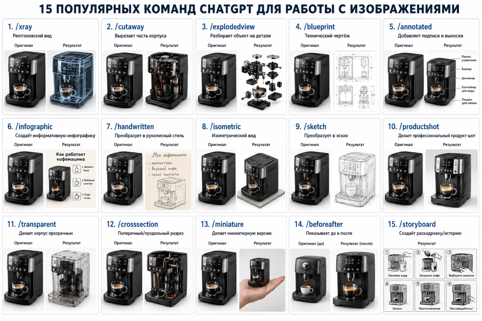 Сохранённая подборка 15 визуальных приёмов на примере кофемашины