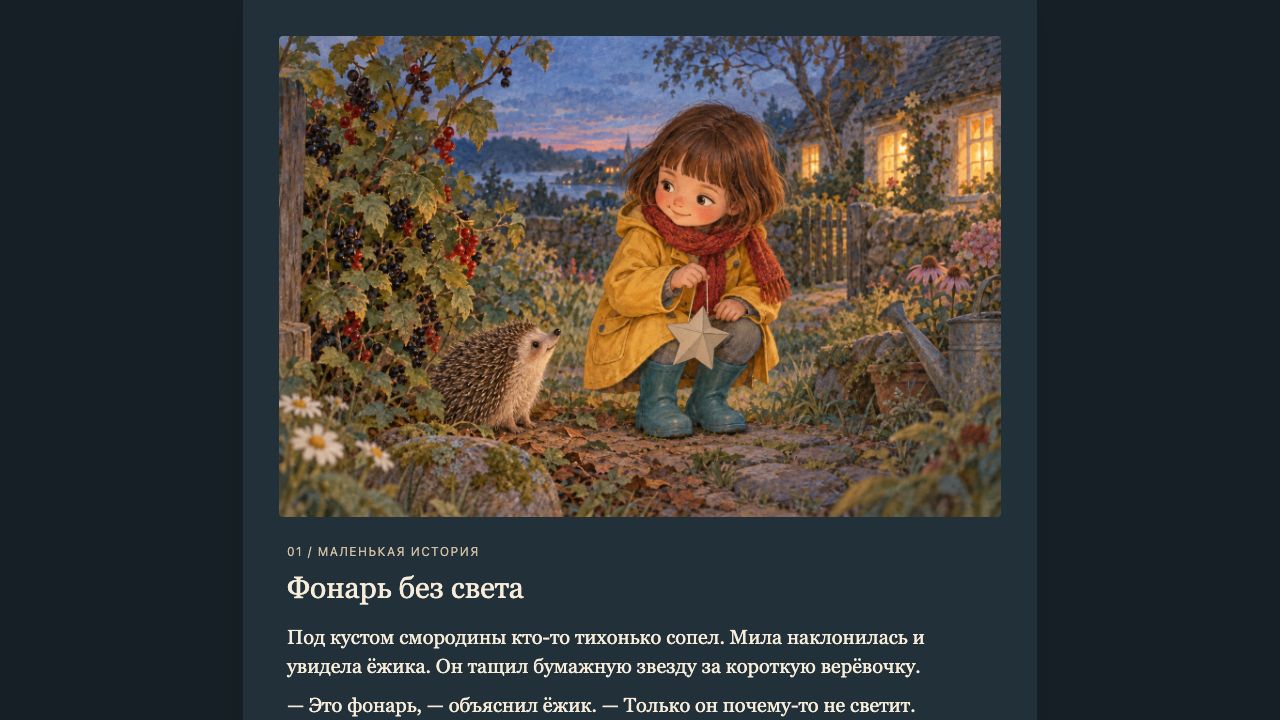 Готовая книжка в браузере: иллюстрация и отдельный читаемый текст