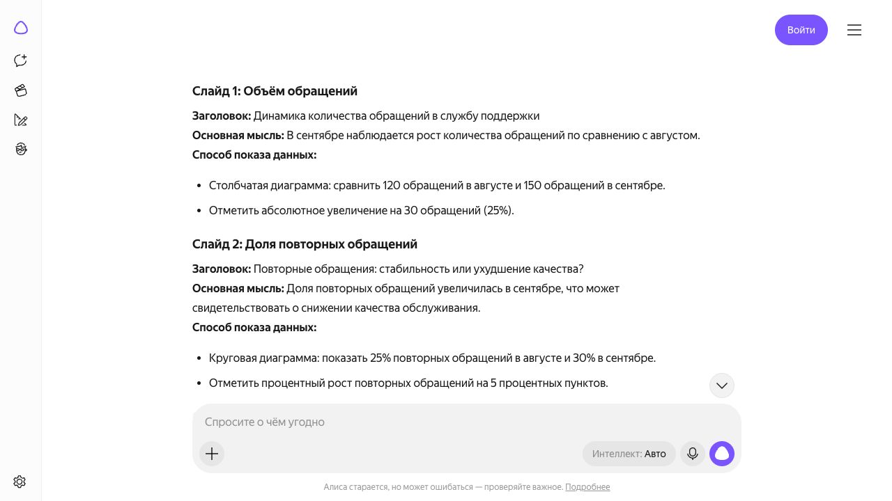 Первый план презентации: на втором слайде Алиса связывает рост доли повторных обращений с возможным снижением качества обслуживания