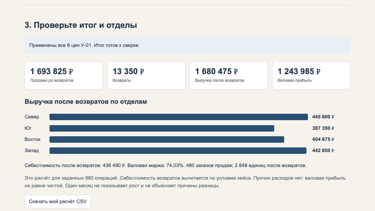 Итог после уточнений: суммы и выручка отделов