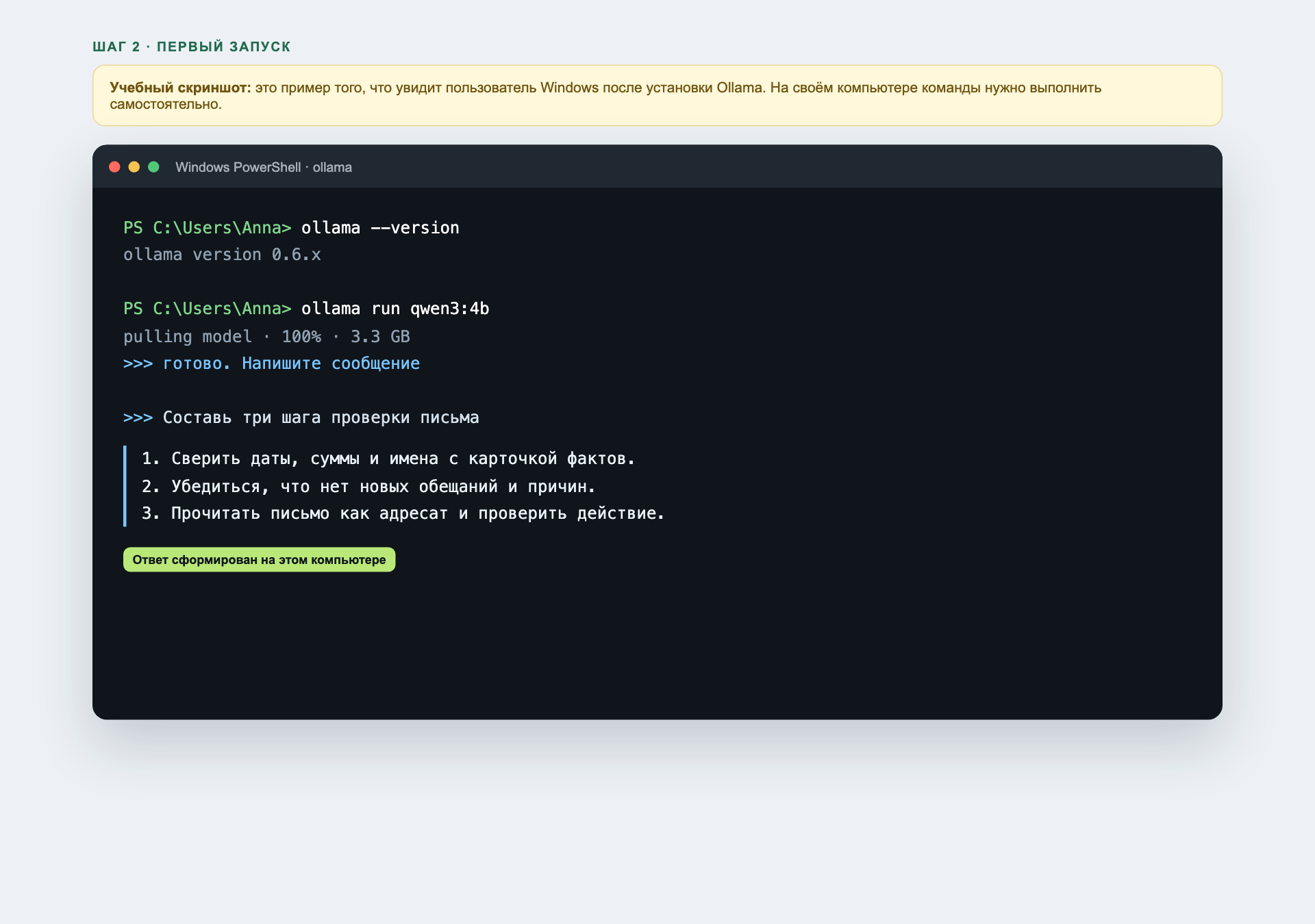 Учебный макет окна PowerShell с первым запуском Ollama — не снимок экрана
