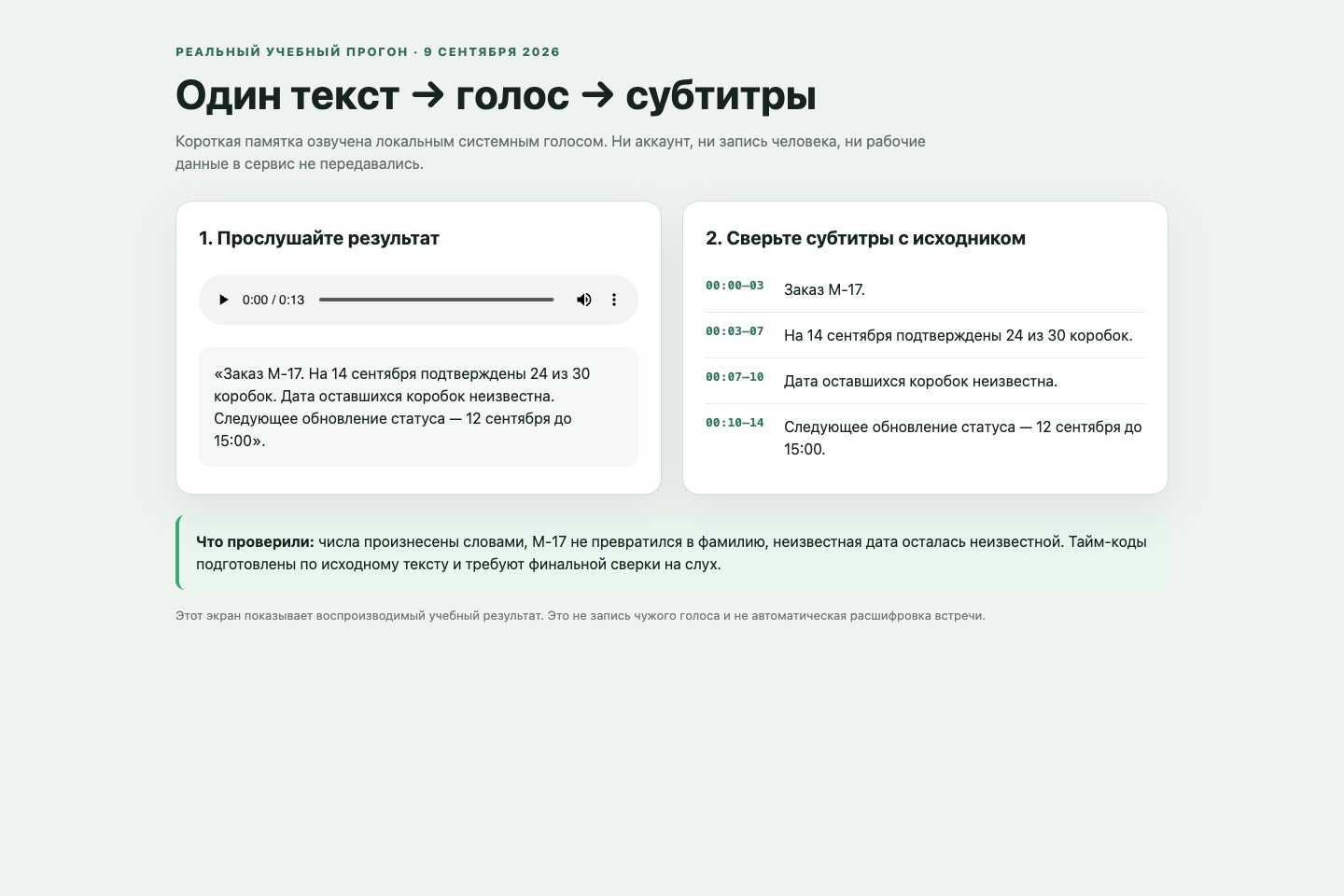 Реальный результат: локальная озвучка и подготовленные субтитры