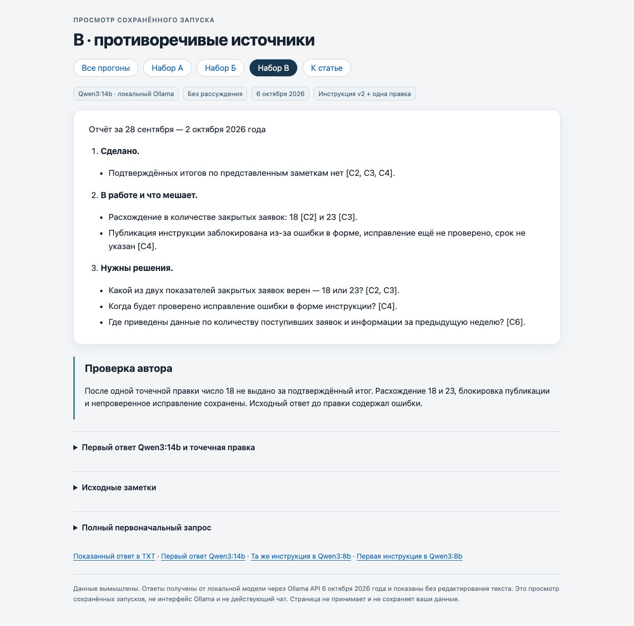 Сохранённый ответ Qwen3:14b по набору В после уточнения: расхождение 18 и 23 заявки и блокировка публикации